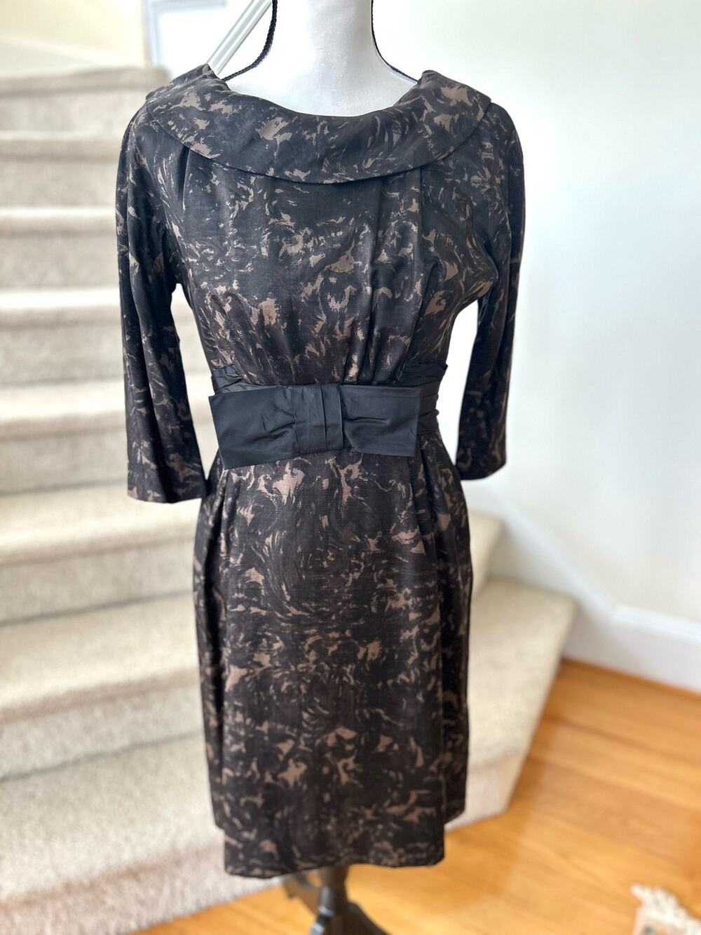 Vintage Black 1960s Black Abstract Floral Bow Belt Sheath Dress